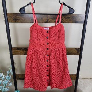 Three Pink Hearts Trixxi button front boho coral pink lace dress size M